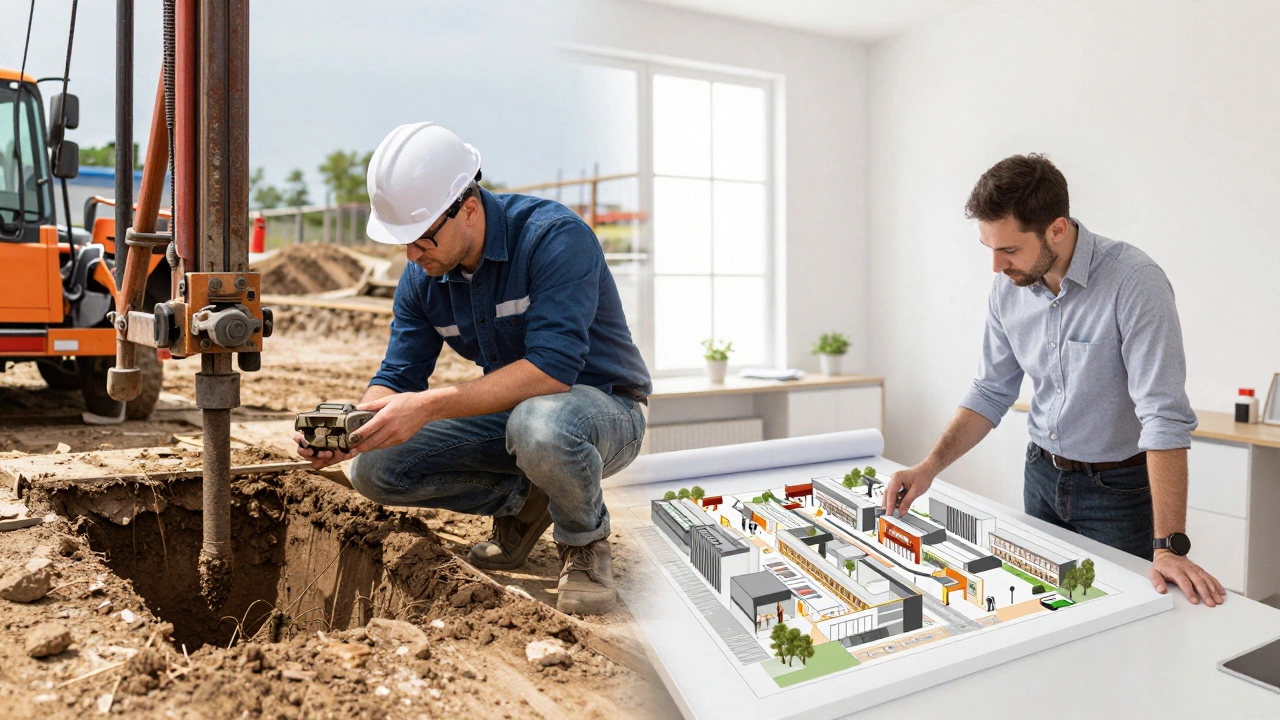 Split view of a geotechnical engineer at a site and an architect in a studio