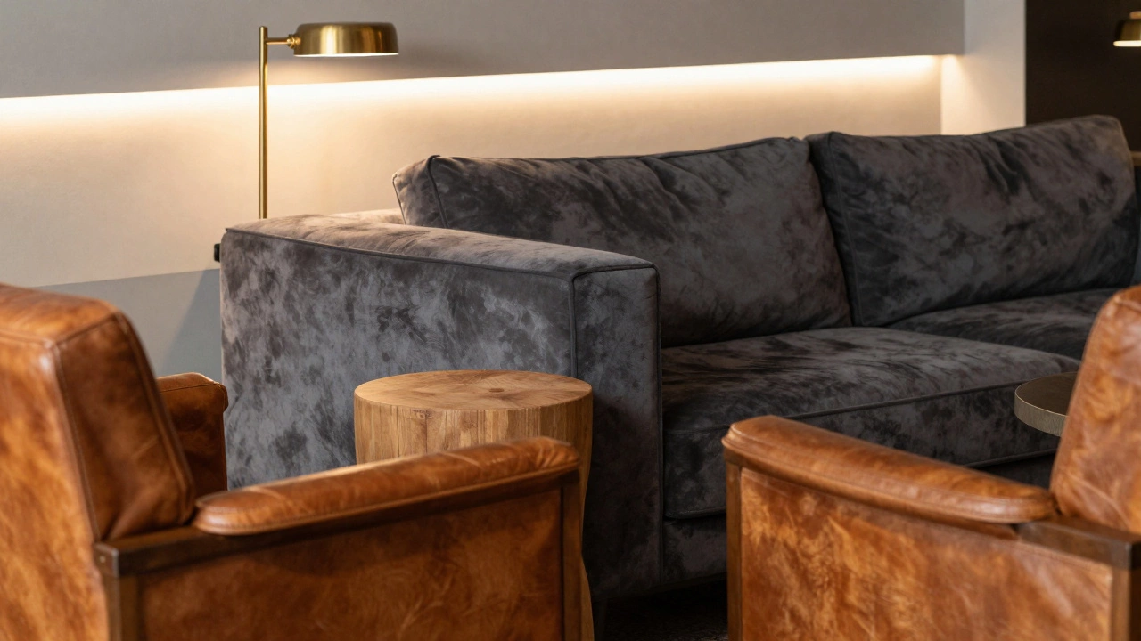 Upscale lounge with a grey velvet sofa, leather chair, and warm layered ambient lighting.