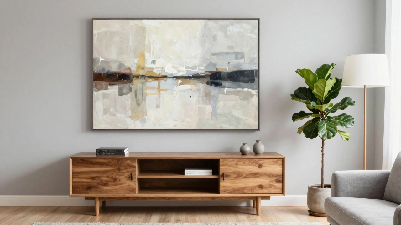 Balanced living room with art anchored above a media console and balanced by a lamp.