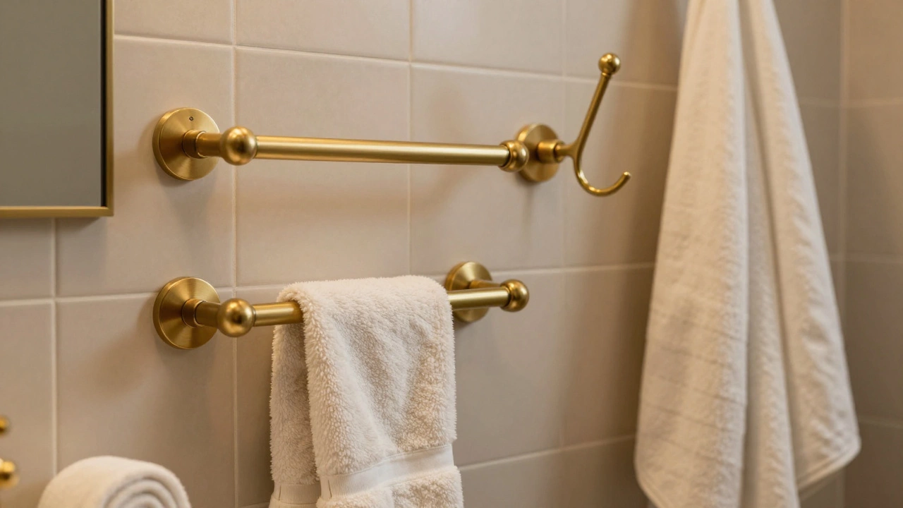 Brushed gold towel bars and brass accents on a beige vanity.