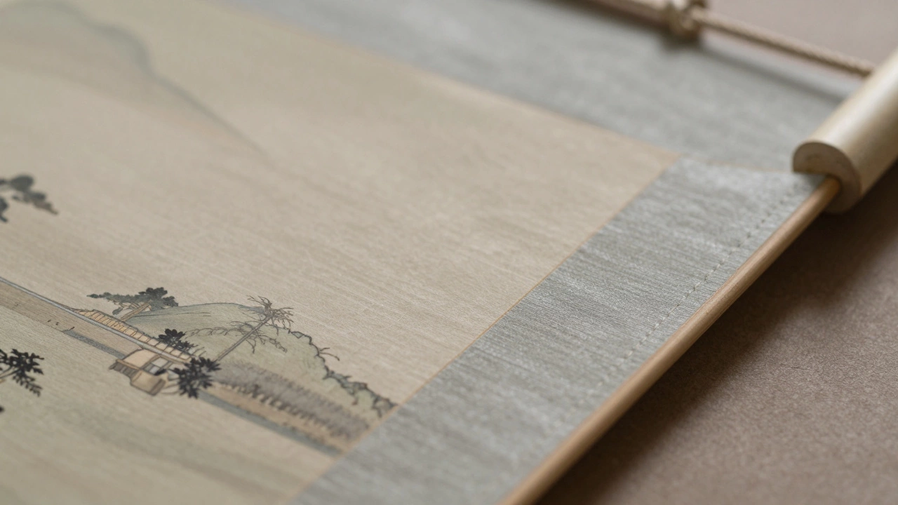 Close-up detail of a kakemono scroll showing silk mounts, wooden rods, and washi paper