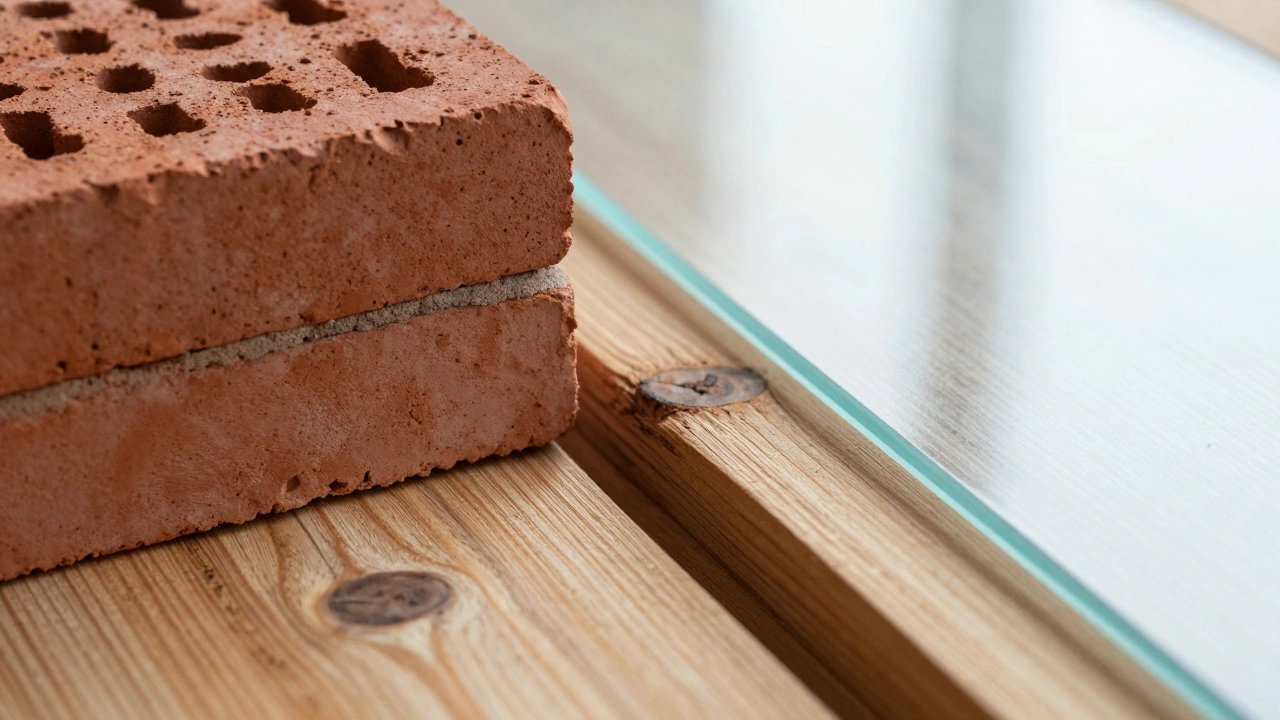 Close-up of bricks, wood planks, and glass panels