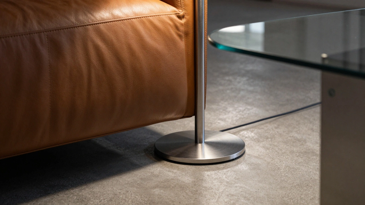 Close-up of modern materials: steel, leather, glass, and concrete textures