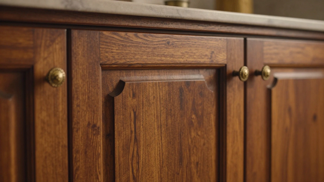 Close-up of ornate traditional wooden cabinet with brass handles and raised panels