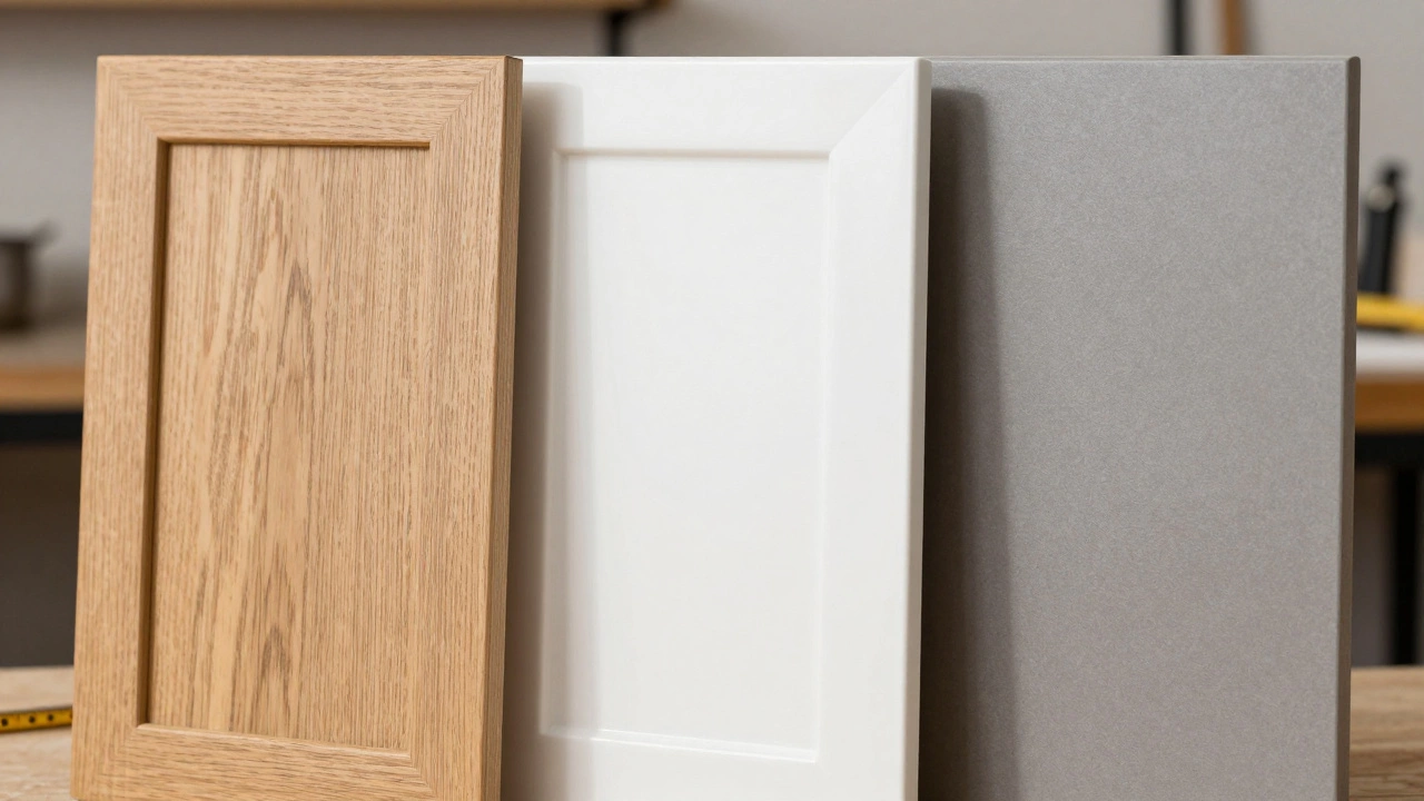 Close-up of various cabinet door finishes including oak, gloss, and matte