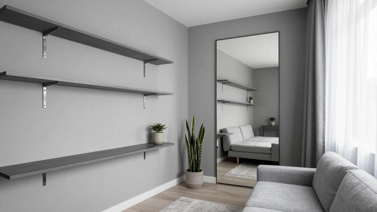 Compact modern apartment with floating shelves, plants, and mirrored walls