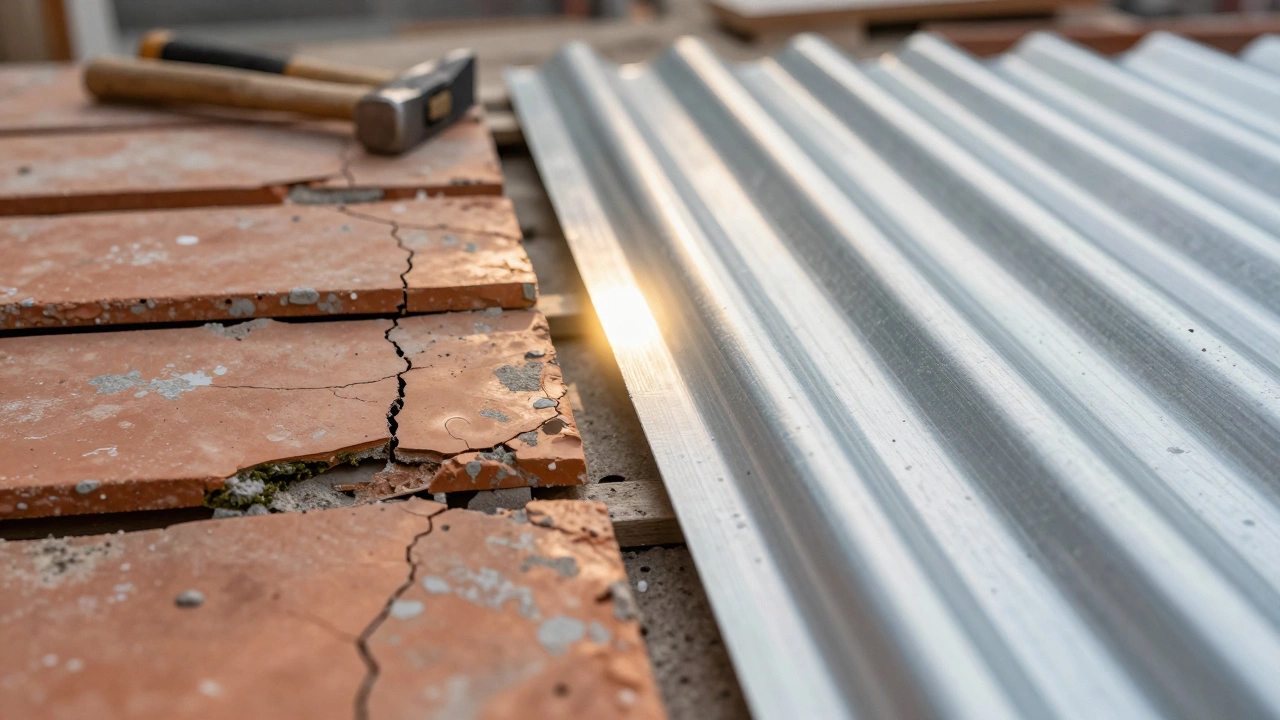 Comparison of damaged old tiles versus new durable steel roofing