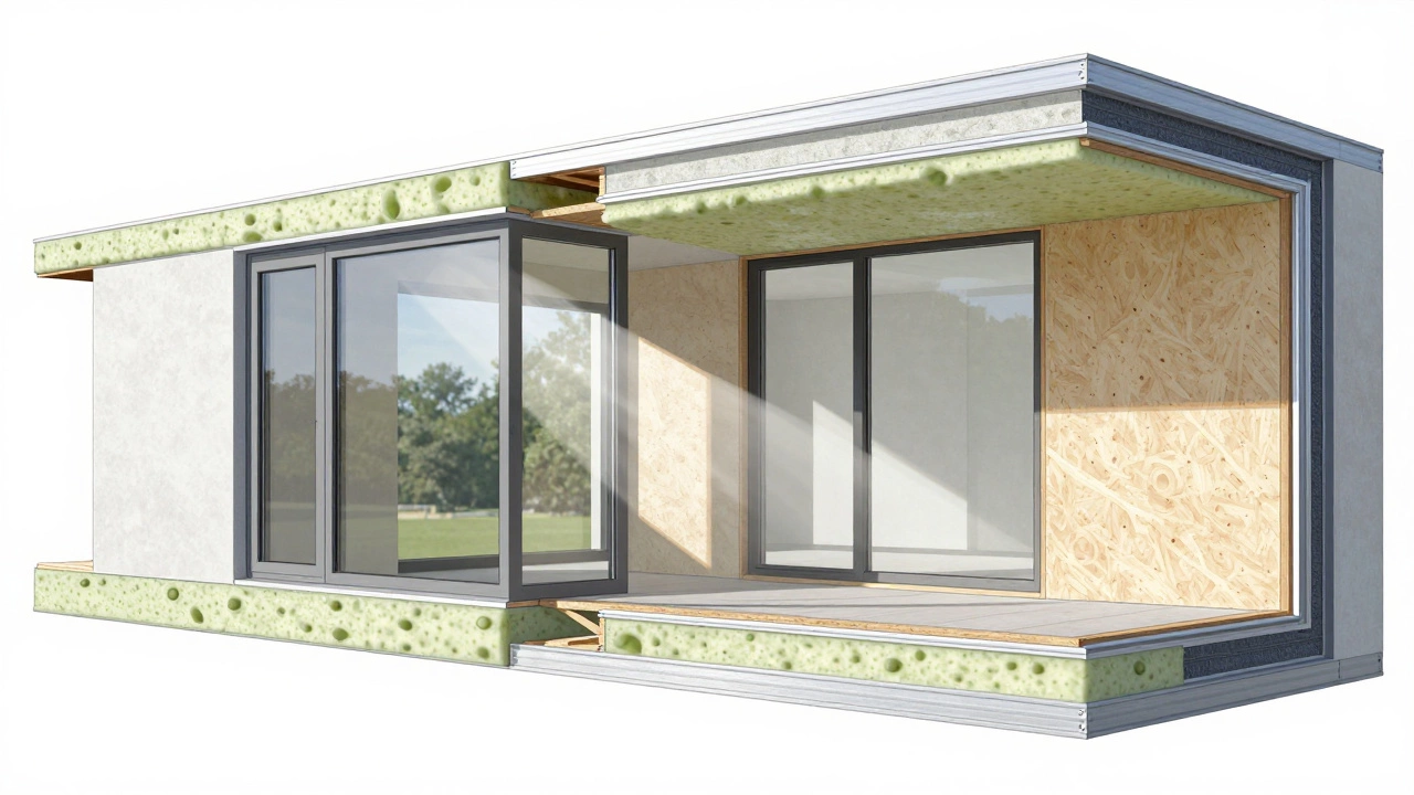 Cross-section of an eco-home showing insulation and composites