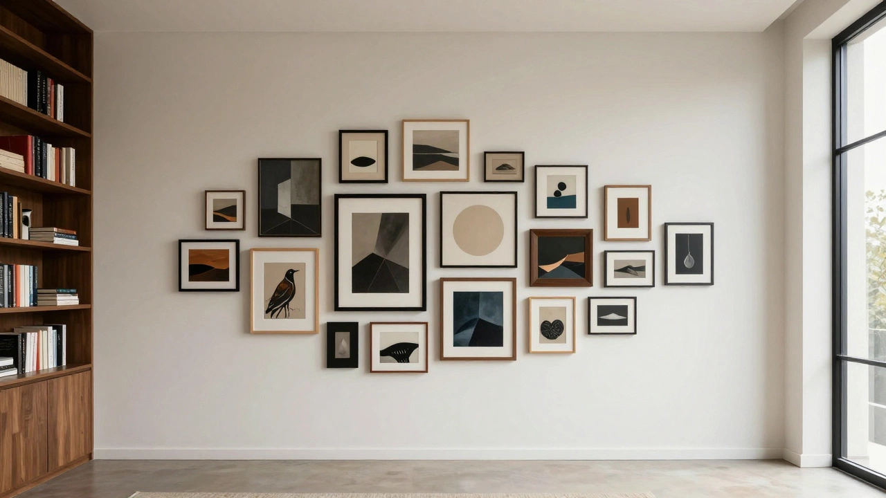 Eclectic asymmetrical gallery wall arrangement filling an off-center wall space.
