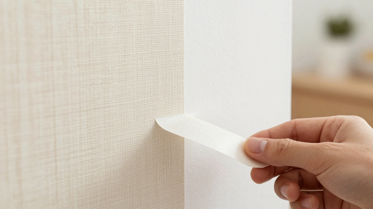 Hand peeling removable wallpaper to reveal clean white wall underneath