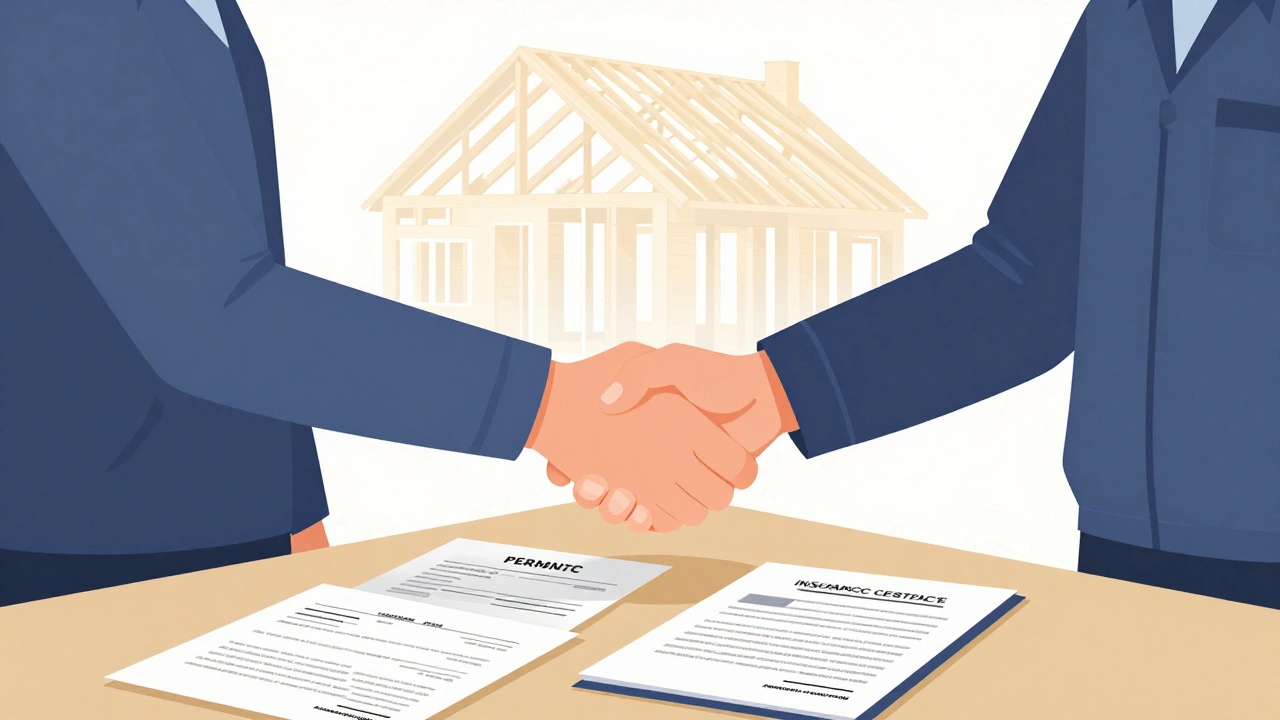 Homeowner and contractor reviewing contracts and permits to ensure legal compliance.
