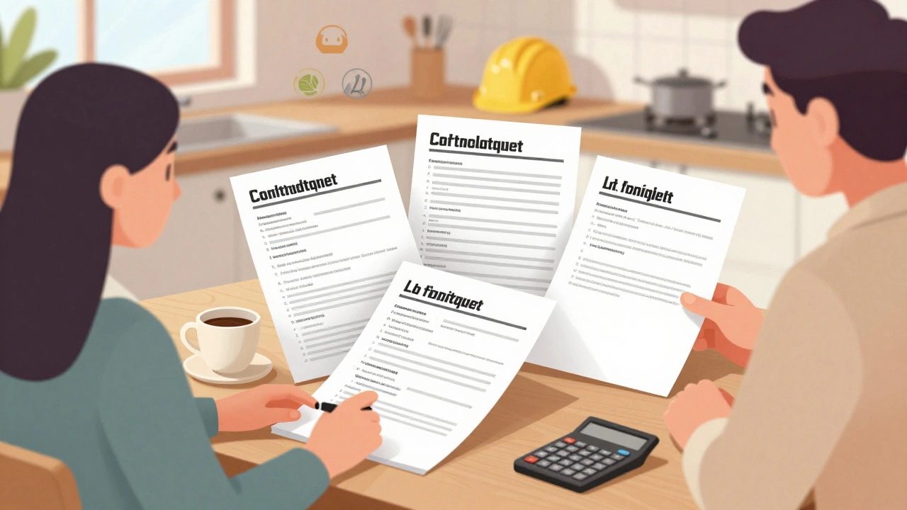 Homeowner reviewing roofing quotes and calculating costs at table