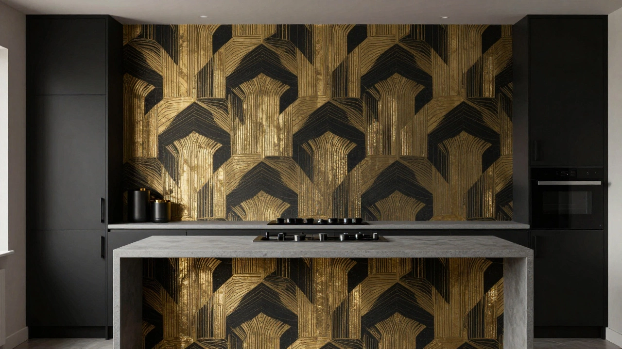 Kitchen island wrapped in geometric wallpaper with metallic gold accents