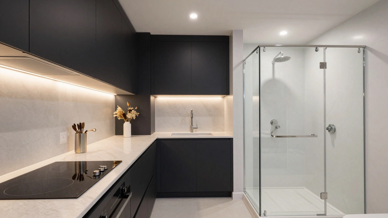 Modern kitchen and bathroom with quartz counters and glass shower