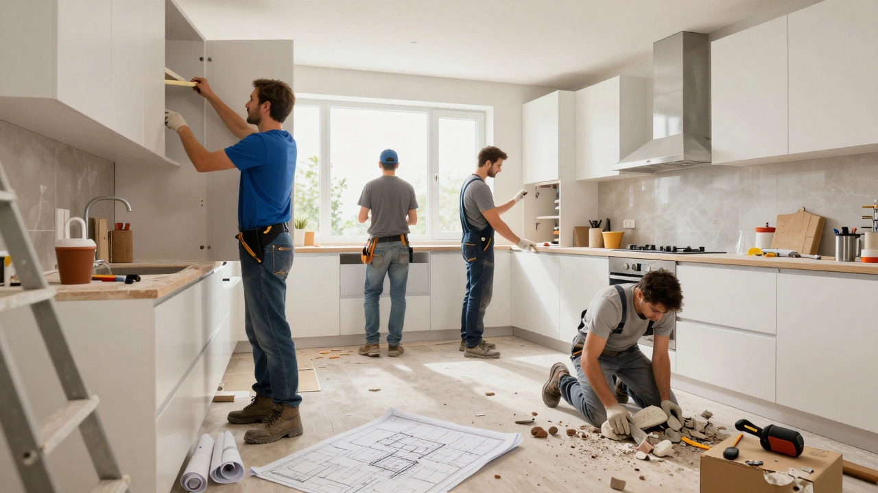 Professional construction crew working efficiently together on a kitchen renovation site.