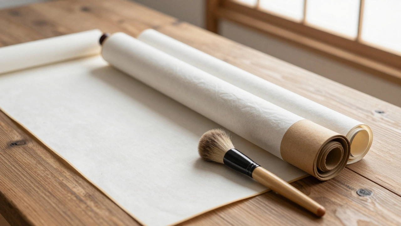 Rolled and unrolled scrolls with a soft brush on a wooden table for cleaning and storage
