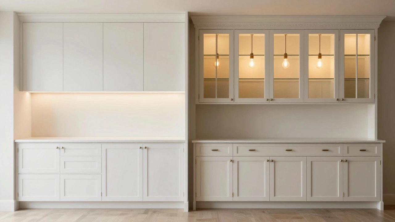 Side-by-side comparison of modern Shaker and classic traditional kitchen cabinets