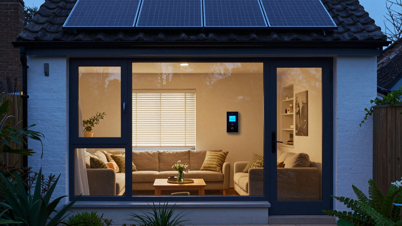 Smart home with solar panels, automated blinds, and native garden