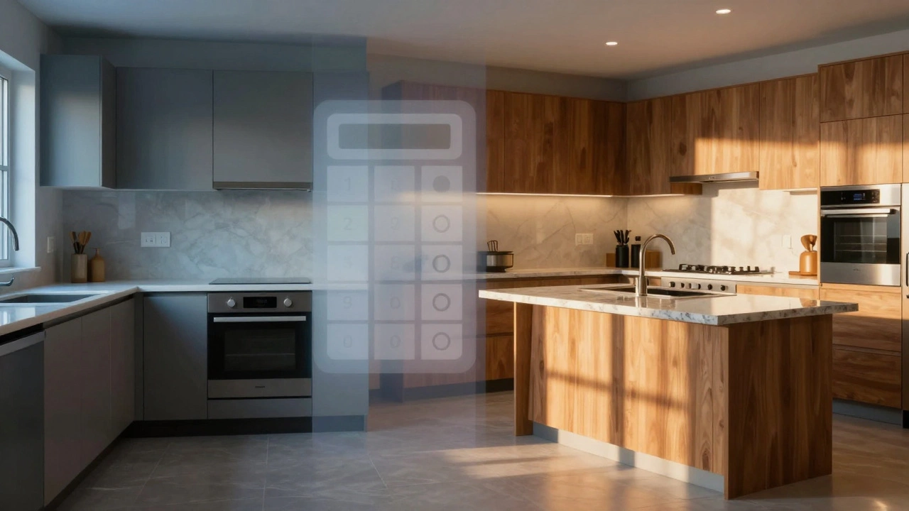 Split view comparing a budget kitchen setup with a luxury island kitchen