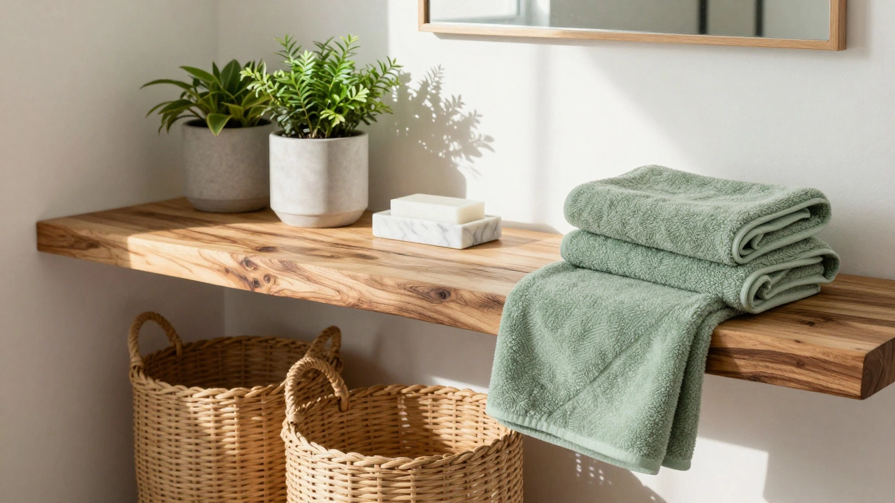 Wooden shelves, rattan baskets, and sage green towels in a bright bathroom.