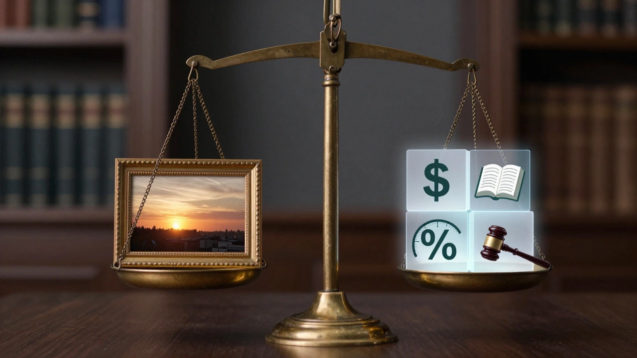 Balance scale weighing a photo against abstract legal concept blocks
