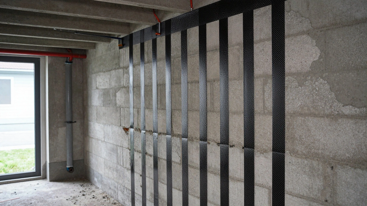 Carbon fiber strips reinforcing a bowing basement wall