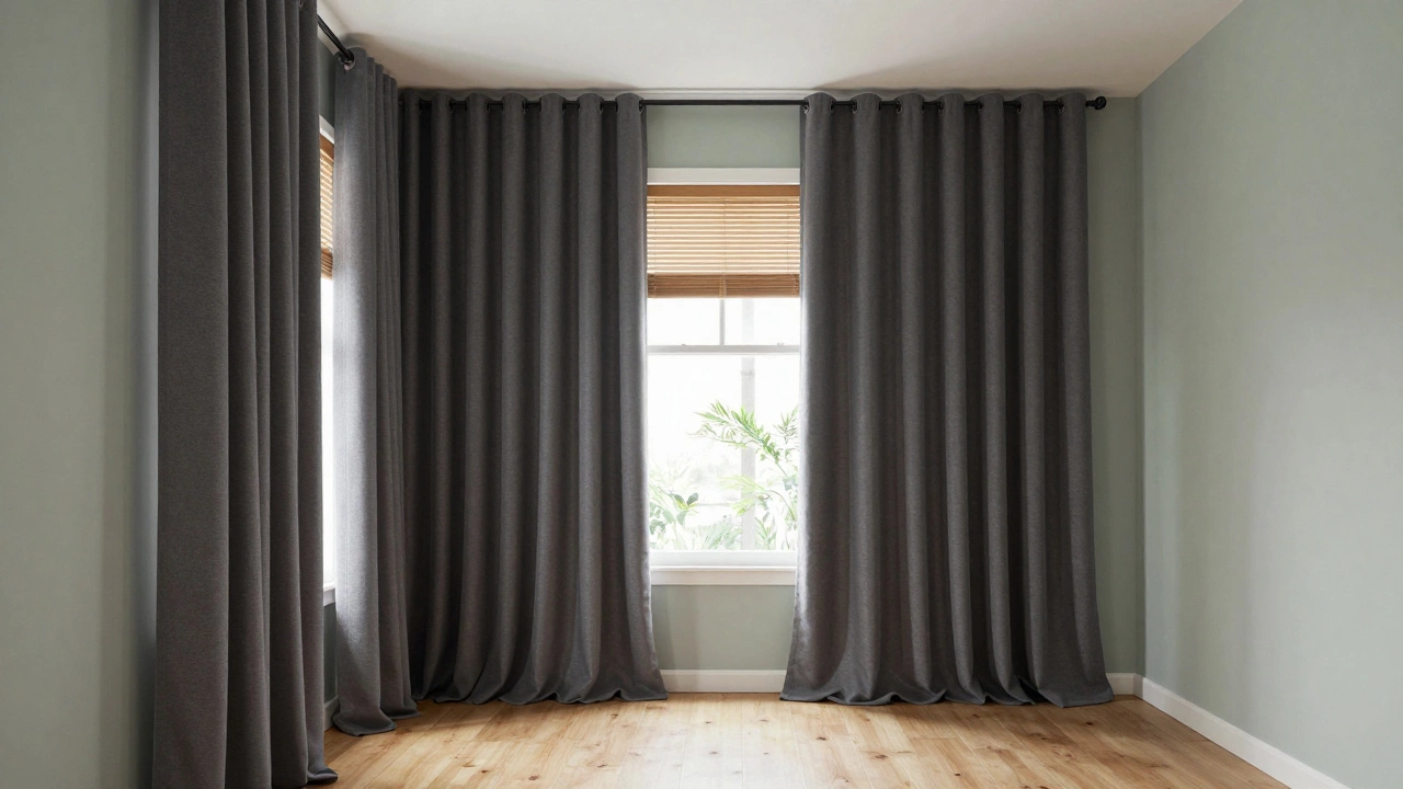 Charcoal floor-length curtains pooling slightly in a modern bedroom