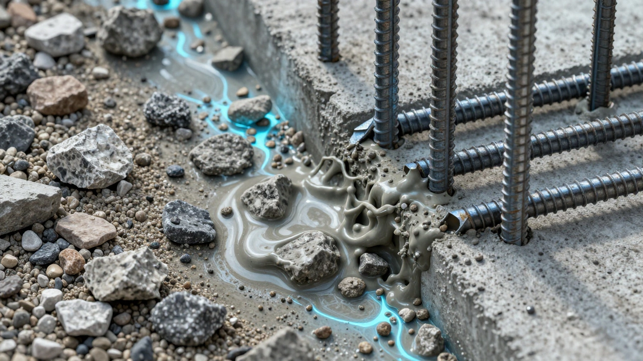 Close-up of steel rebar embedded in wet concrete with sand and gravel