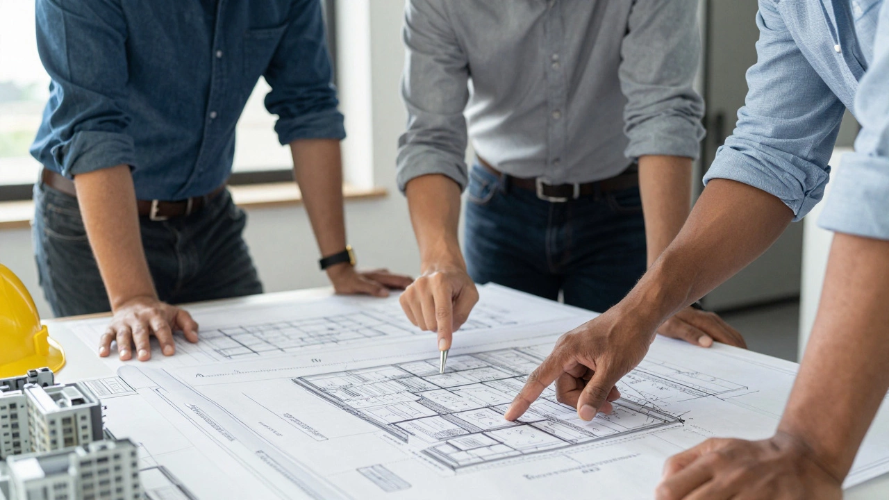 Construction team reviewing blueprints for a complex commercial project