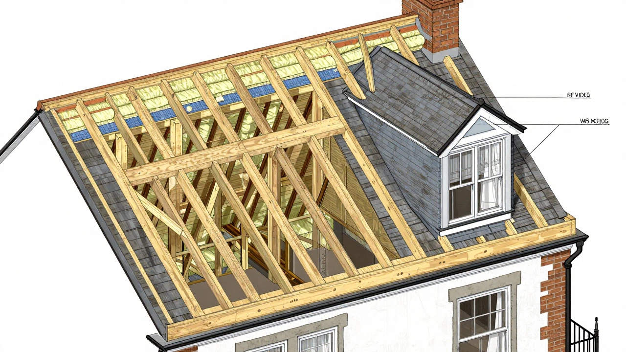Cross-section diagram showing reinforced roof joists and insulation