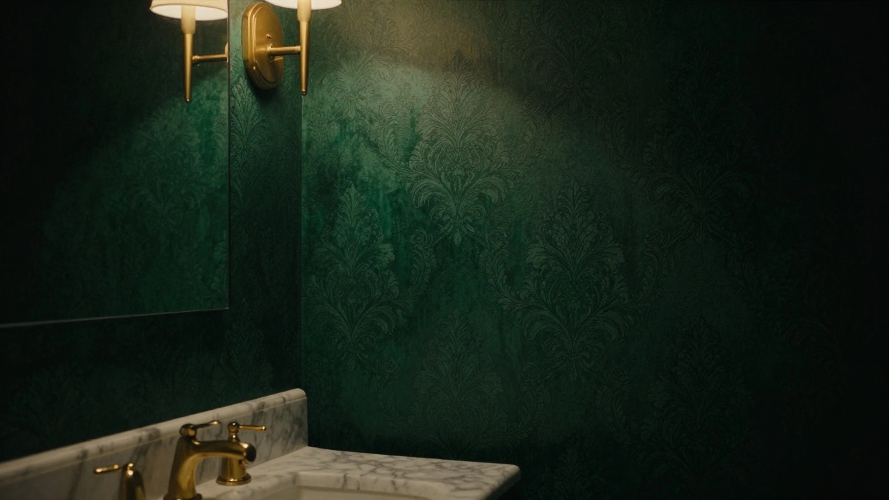 Deep emerald green damask wallpaper in a moody bathroom