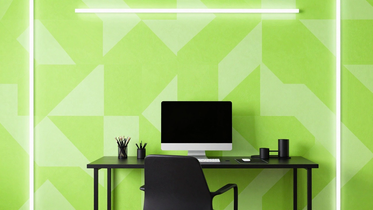 Electric lime geometric wallpaper in a bright home office