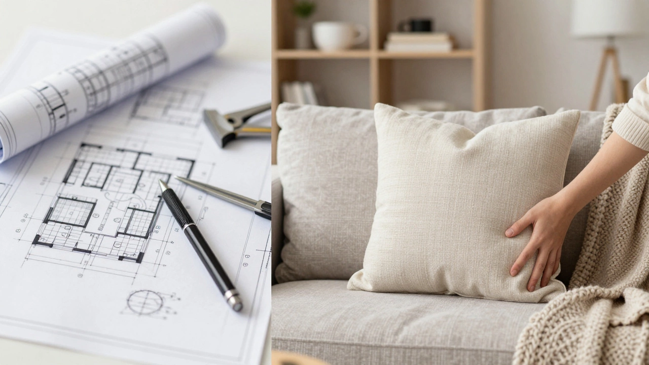 Hand placing a decorative pillow on a styled sofa