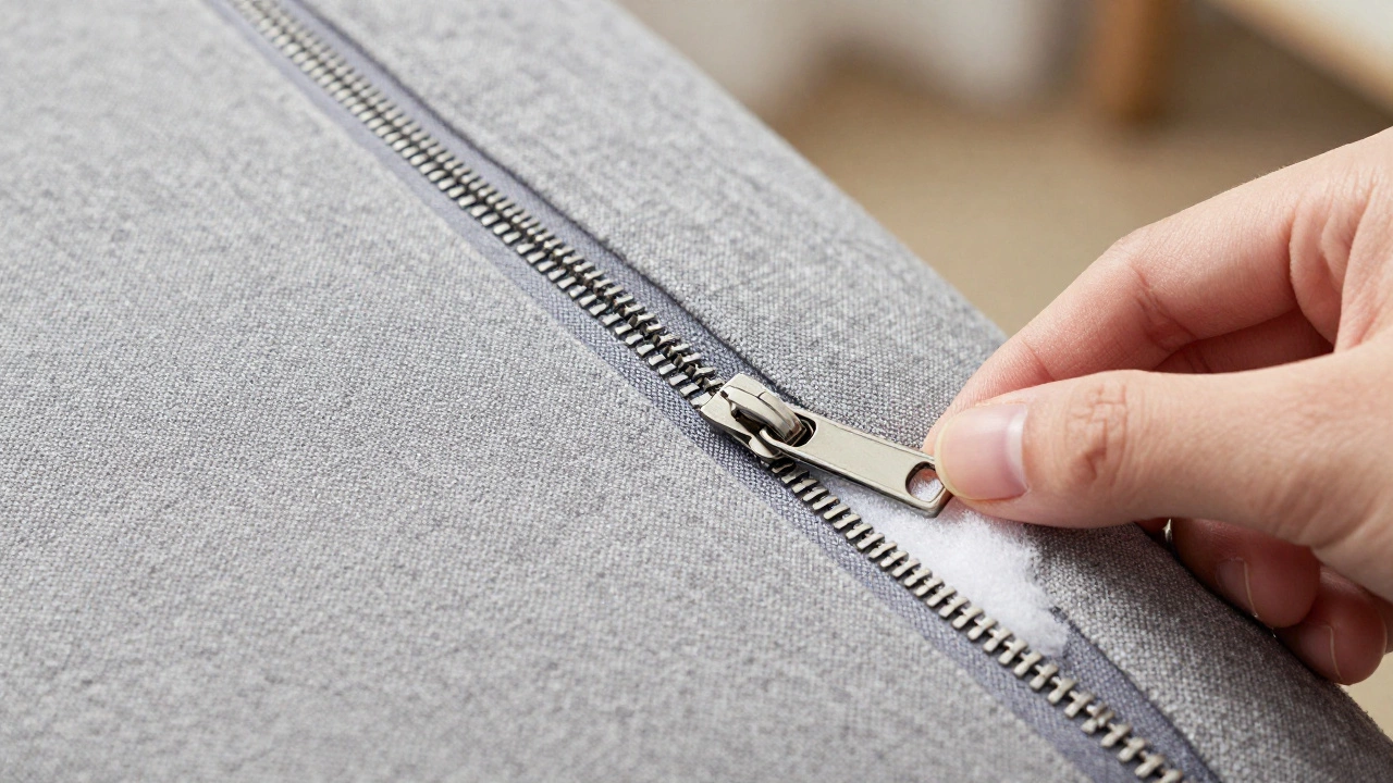 Hand unzipping linen sofa cover to reveal fresh foam insert