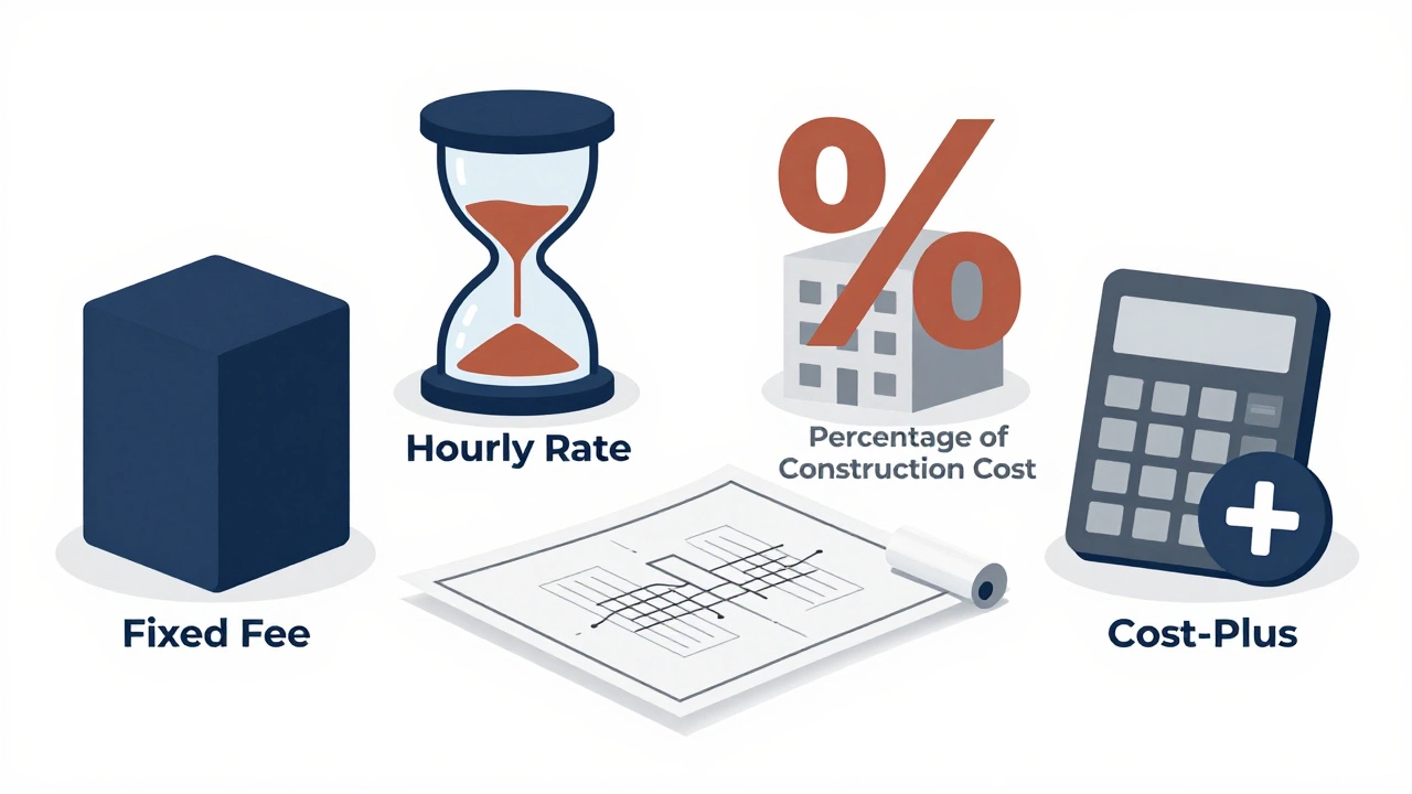 Illustration of four architectural pricing models around a blueprint