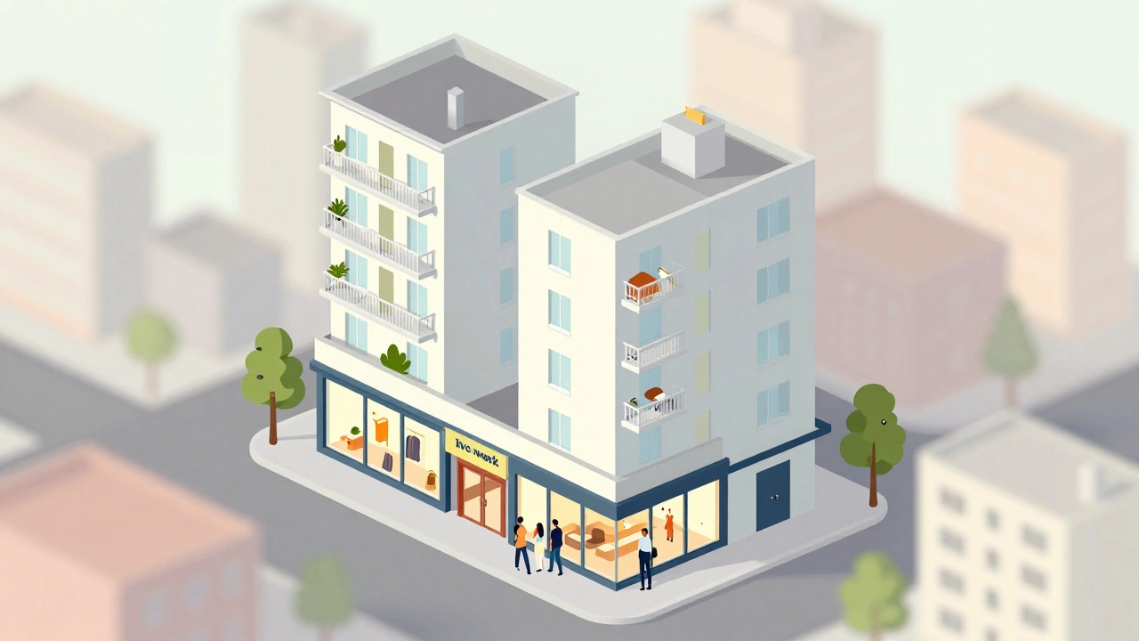 Isometric illustration of a mixed-use live-work building in a city