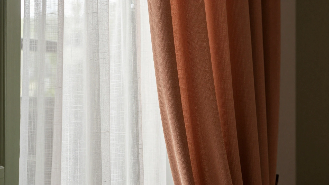 Layered sheer and terracotta drapes showing natural fabric textures