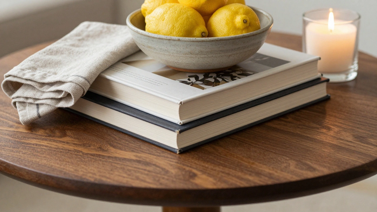 Layered textures on a table with books and fruit bowl