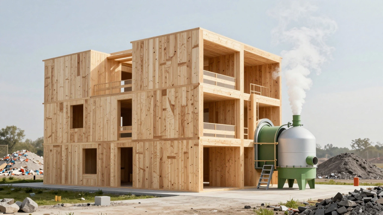 Modern CLT timber building and green cement production facility
