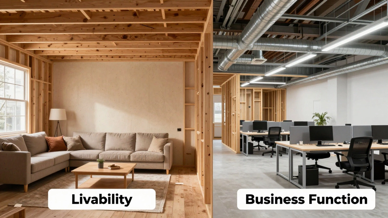 Split view comparing cozy residential home vs durable commercial office build