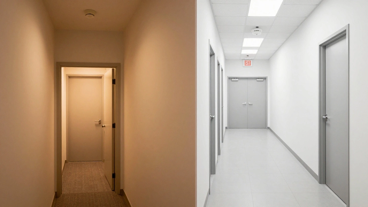 Split view comparing narrow residential hallways with wide commercial corridors