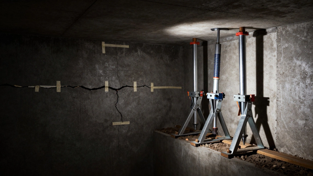 Steel hydraulic jacks stabilizing a cracked basement wall in an emergency