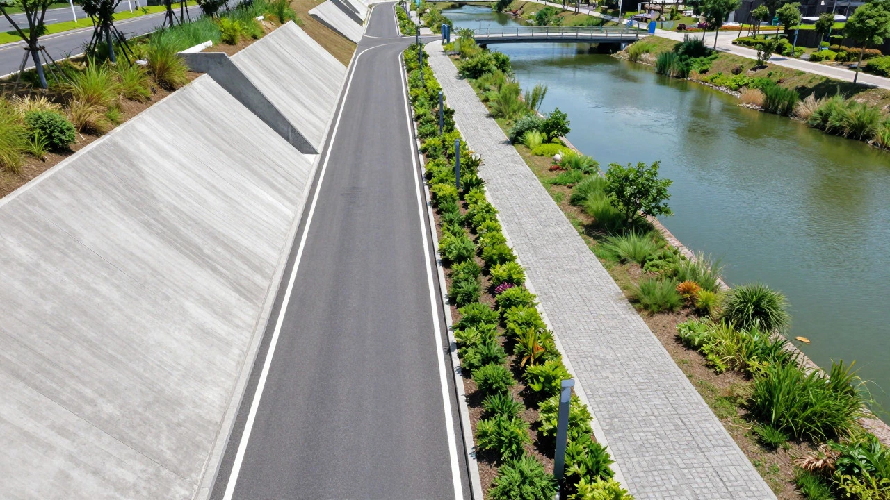 Aerial view of sustainable road with bioswales and retaining walls