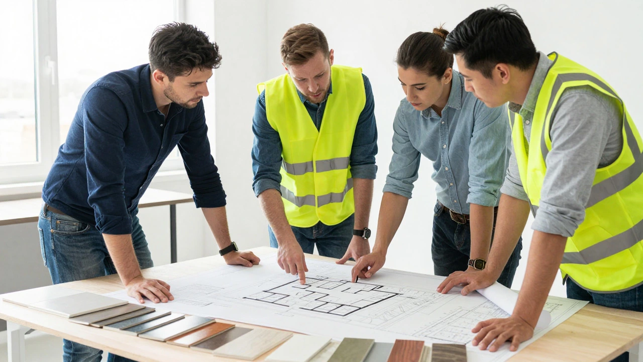 Architect, builder, and engineer reviewing renovation plans together