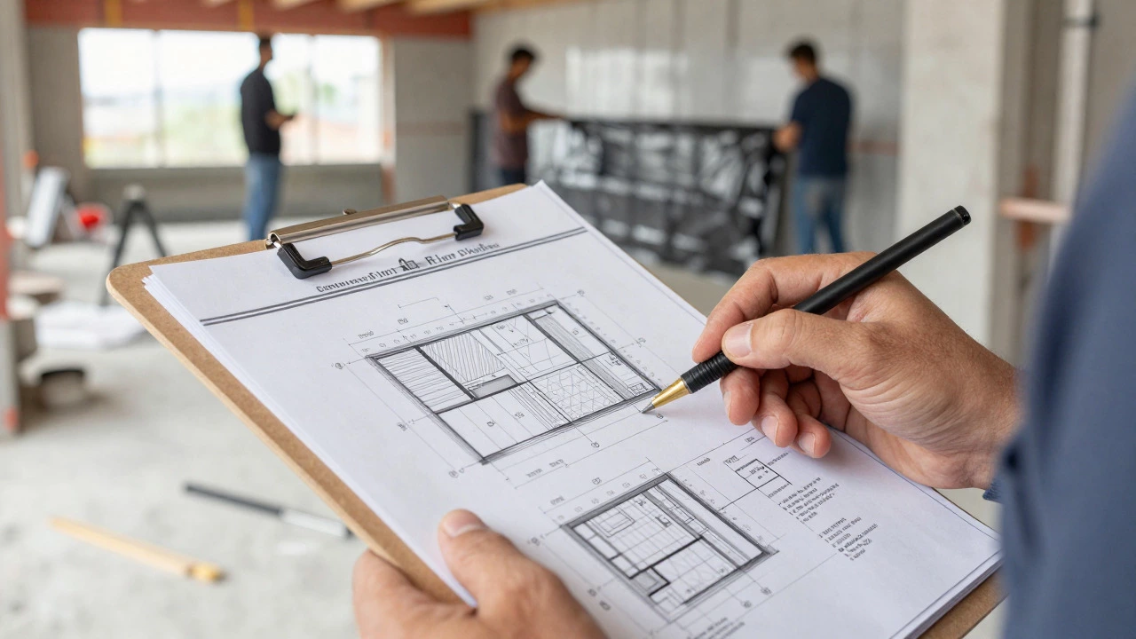 Architect reviewing technical drawings while builders install bathroom fixtures
