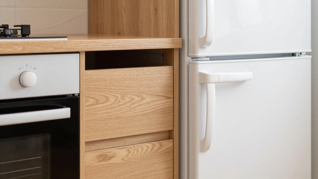 Cabinet buffer separating fridge and stove in small kitchen