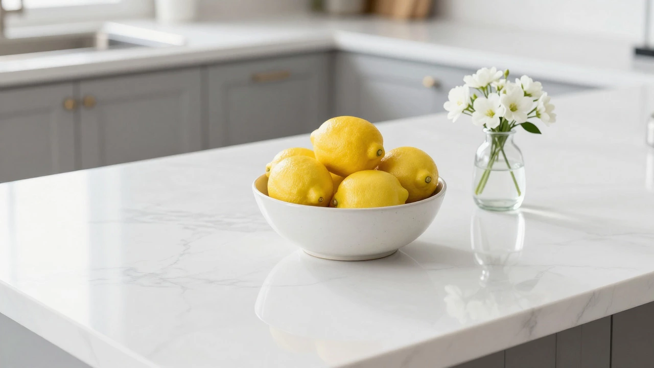 Clean kitchen counter with fruit bowl and flowers, no clutter