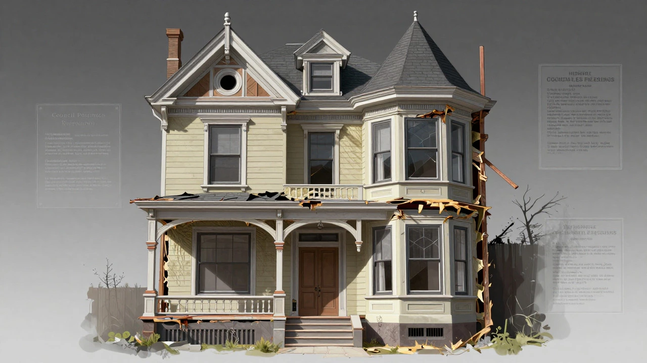 Cross-section of old house revealing hidden structural issues and legal constraints