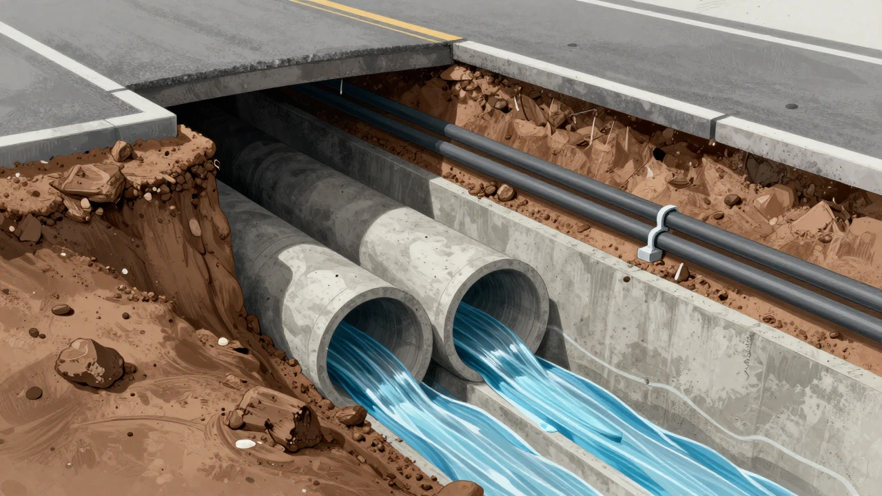 Cross-section view of underground utility pipes and drainage systems