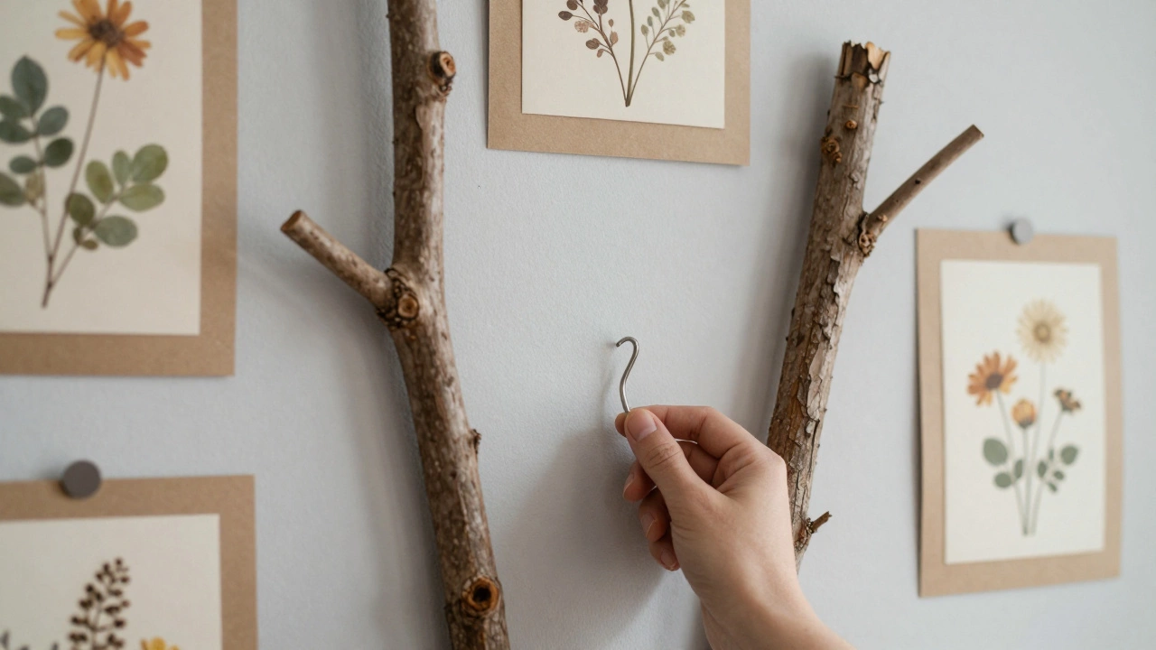 Dried branches and pressed flowers arranged as wall art